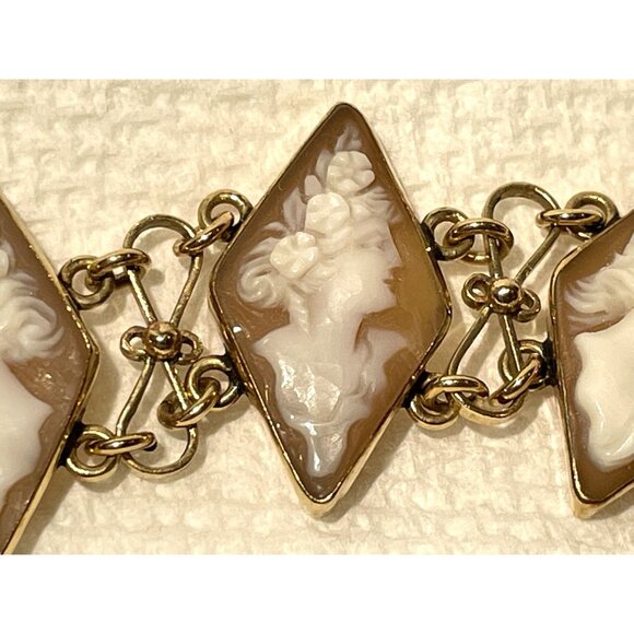 14K Gold Carved Shell Cameo Bracelet 6" With Geometric Diamond Design - Picture 12 of 16